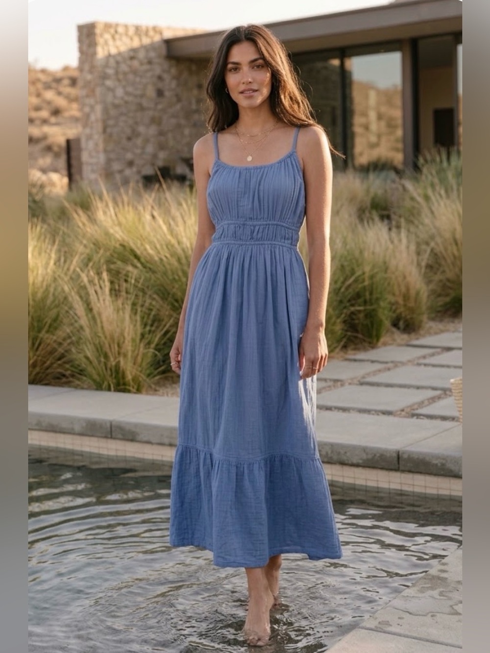PACT Organic Cotton Gauze Tiered Maxi Dress Blue Medium Cami Smocked Boho